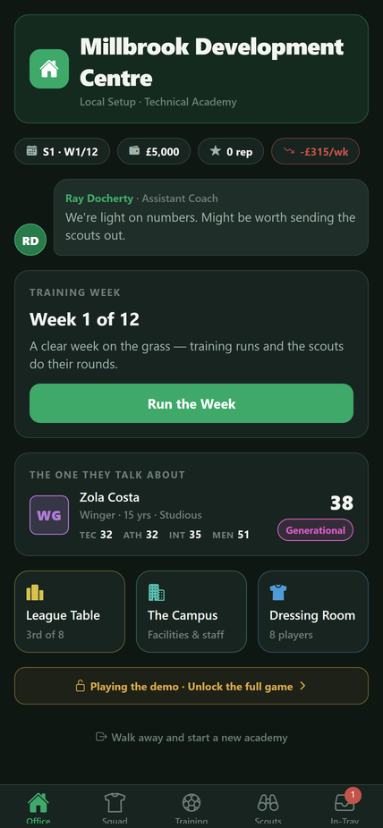 The Office screen showing academy funds, reputation, the current week and the assistant coach's advice